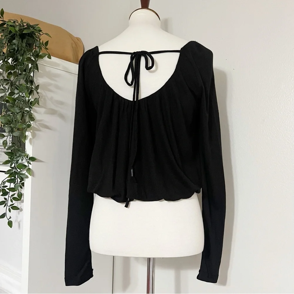 Free People Bondi Termal Long Sleeve Back Tie Top in Black‎ Size XSmall